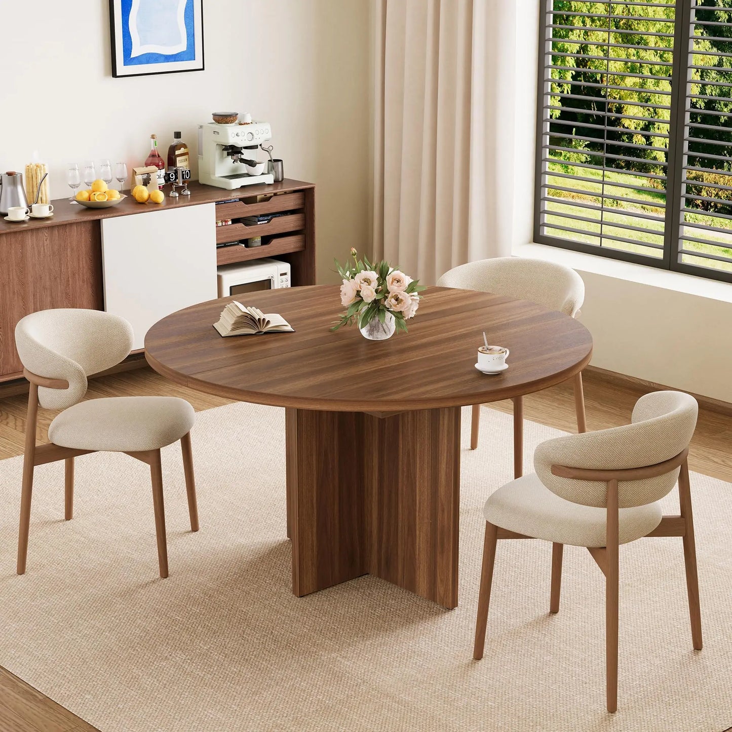 Extendable Round to Oval Dining Table For 4-8, Modern Expandable Kitchen Table With Removable Leaves, Space Saving Dinner Table