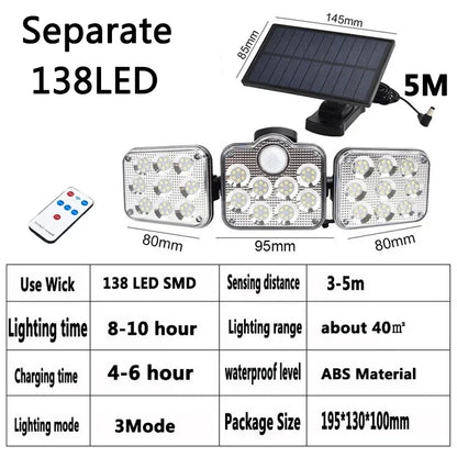 138/198/333/74 LED Solar Lights Outdoor Motion Sensor Human Induction Adjustable Head IP65 Waterproof Solar Power Wall Lamp