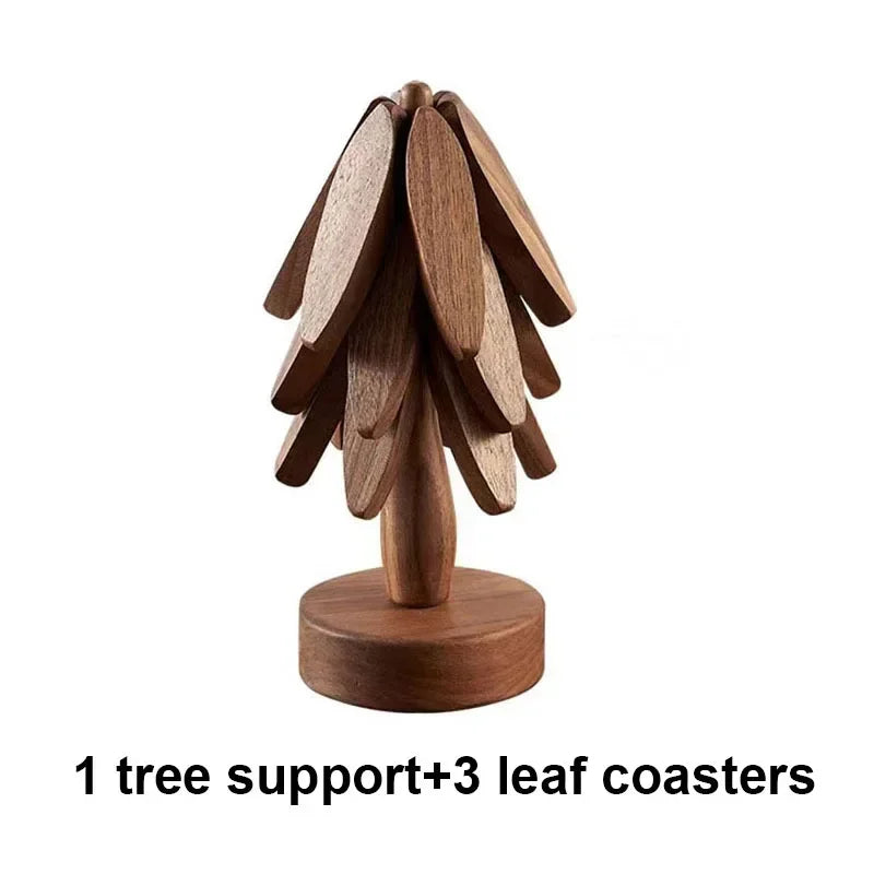 Wooden Trivets for Hot Dishes Folding Tree Shape Black Walnut Table Mat Holders Heat Insulated Pad Set Coasters for Pots