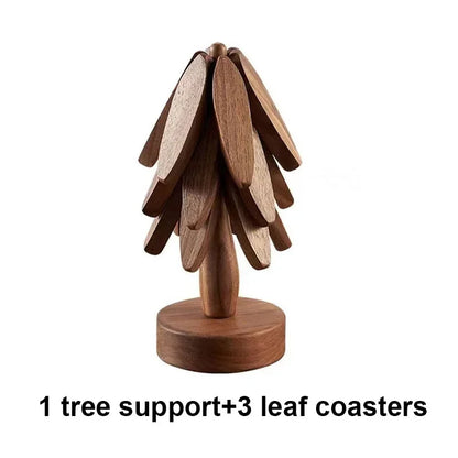 Wooden Trivets for Hot Dishes Folding Tree Shape Black Walnut Table Mat Holders Heat Insulated Pad Set Coasters for Pots