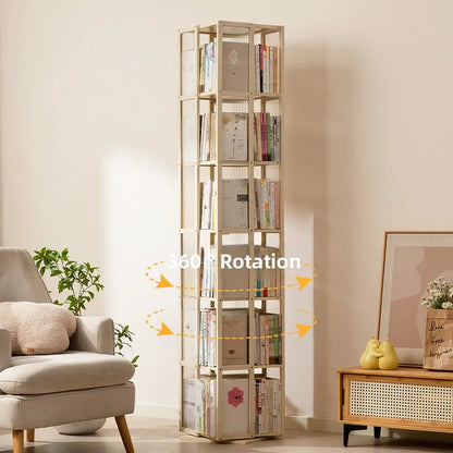 All solid wood rotating bookshelf 360-degree bookcase multi-layer storage home living room removable children's floor rack