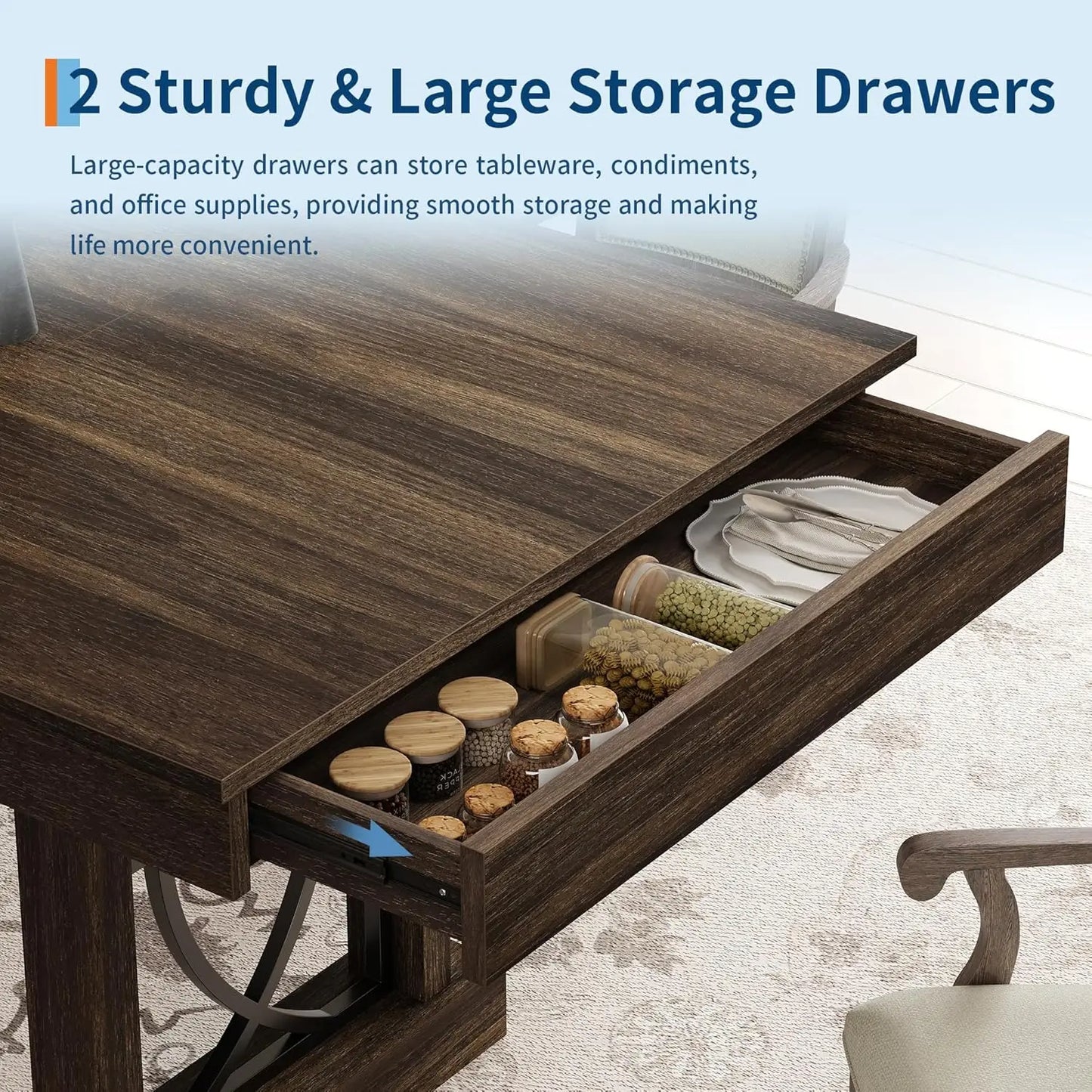 Wooden Rectangular Kitchen Table with Double Pedestal & Large Tabletop Dining Room Table for 6-8 with 2 Drawers Walnut