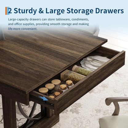 Wooden Rectangular Kitchen Table with Double Pedestal & Large Tabletop Dining Room Table for 6-8 with 2 Drawers Walnut