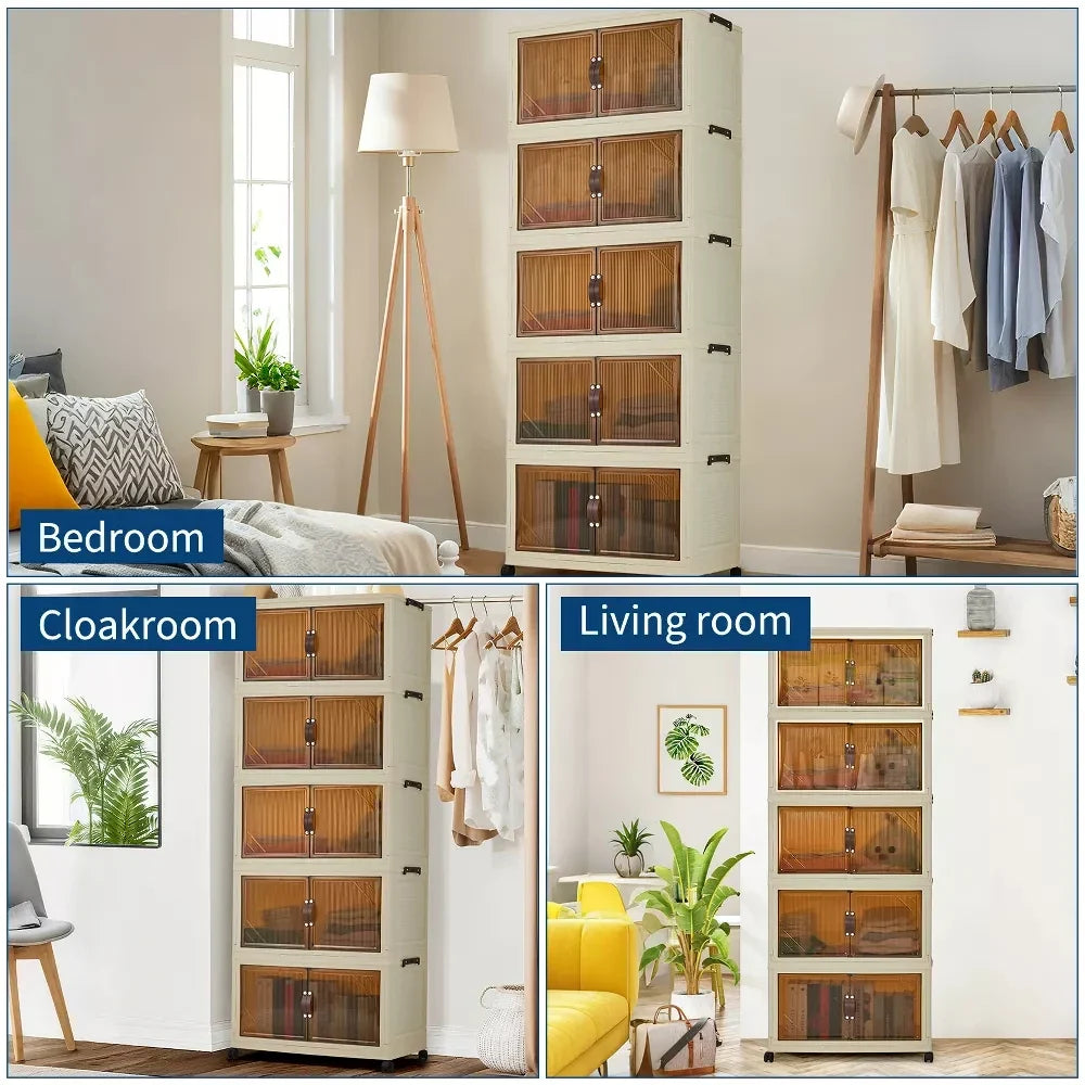 Storage Organiser,5 Tier Stackable Clothes Storage Boxes with Wheels,Folding Drawers for Clothes, Cupboard Organiser for Bedroom