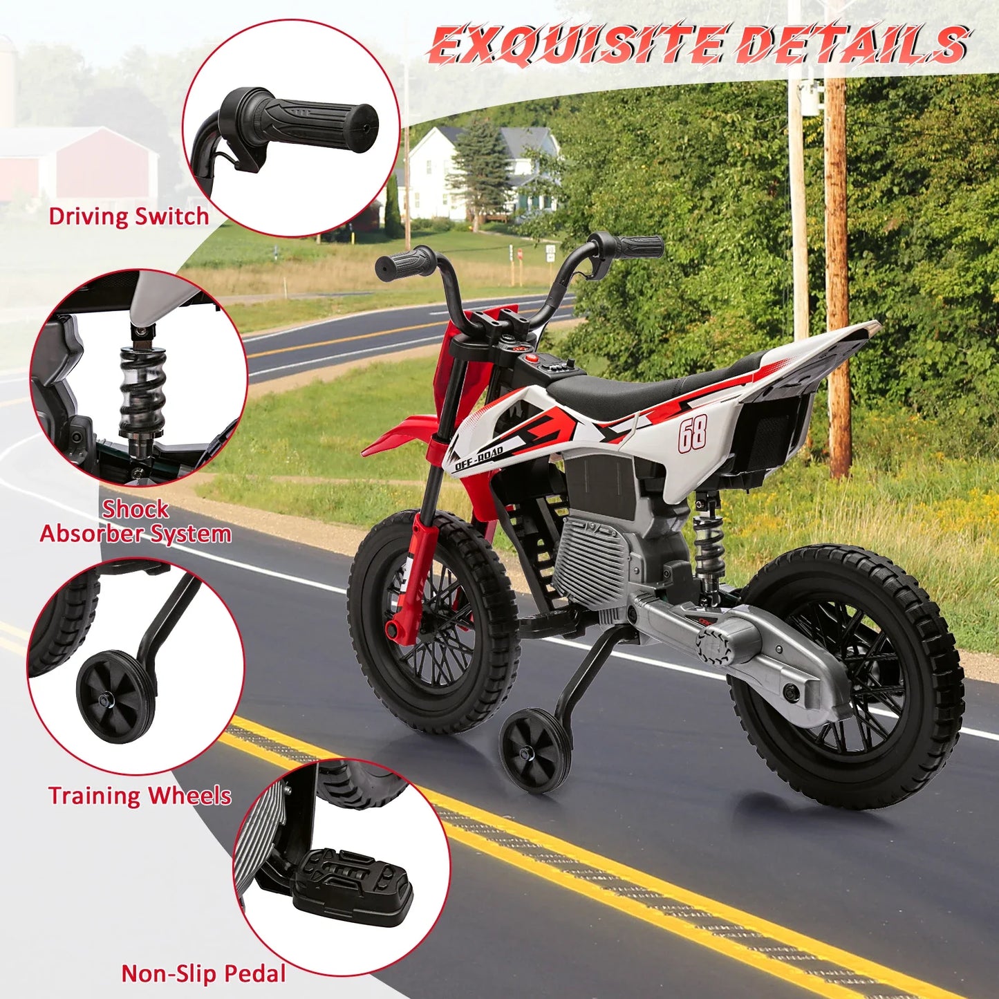 12V Electric Dirt Bike Kids Ride on Motorcycle for Toddlers with Traning Wheels Twist Grip Throttle 3Mph Max Speed and Music