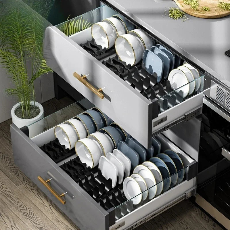 Kitchen Bowls Dish Storage Rack Adjustable Buckle Cabinet Drawer Storage Holder Dish Drain Rack Kitchen Drainage Storage Tools