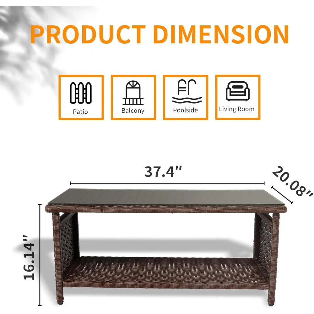 Outdoor Wicker CoffeeTable Patio Coffee Tables for Outside, Tempered Glass Top Wicker Table with Storage Coffee Table for Patio