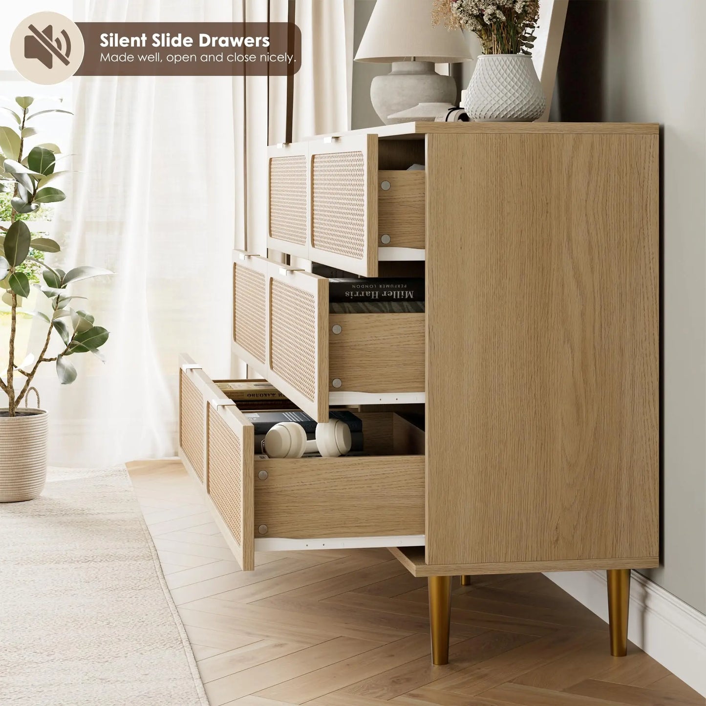 6-Drawer Rattan Dresser, Natural Hand-Woven Rattan & Wood Large Storage Dresser With Deep Drawers For Bedroom Living Room