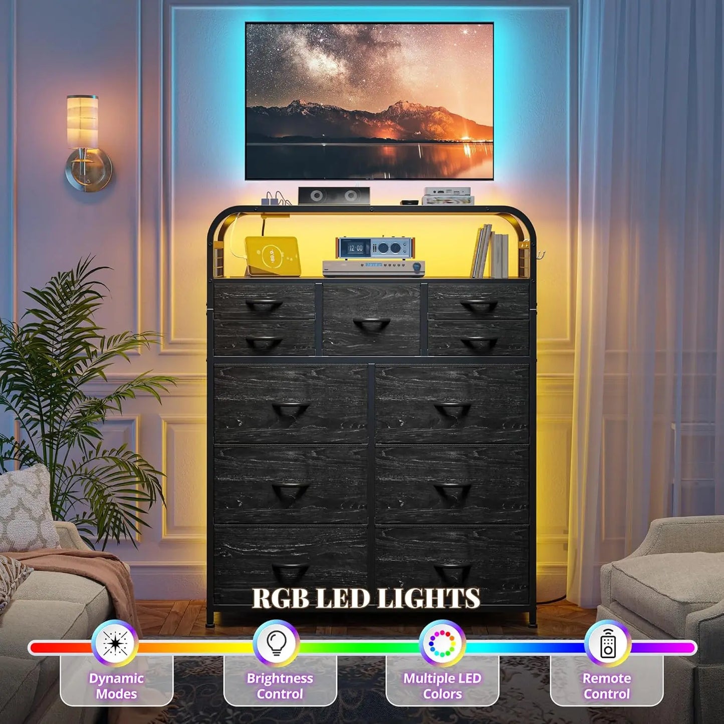 47" H Dressers & Chests of Drawers with LED Lights & Charging Station, Dresser for Bedroom with 11 Fabric Drawers & 4 Hooks