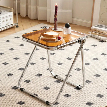 Chic Transparent Folding Side Table - Modern Coffee Table with Metal Frame, Ideal for Living Room Bedroom & Compact Storage