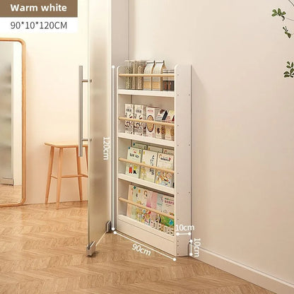 Solid wood bookshelf, floor standing wall mounted multi-layer storage rack, household bookshelf, thin bookshelf behind the door