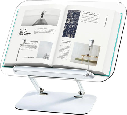 Book Stand for Reading, Adjustable Book Holder with 360° Swivel Base Foldable Stand Recipe Book Holder with Elastic Page Clips