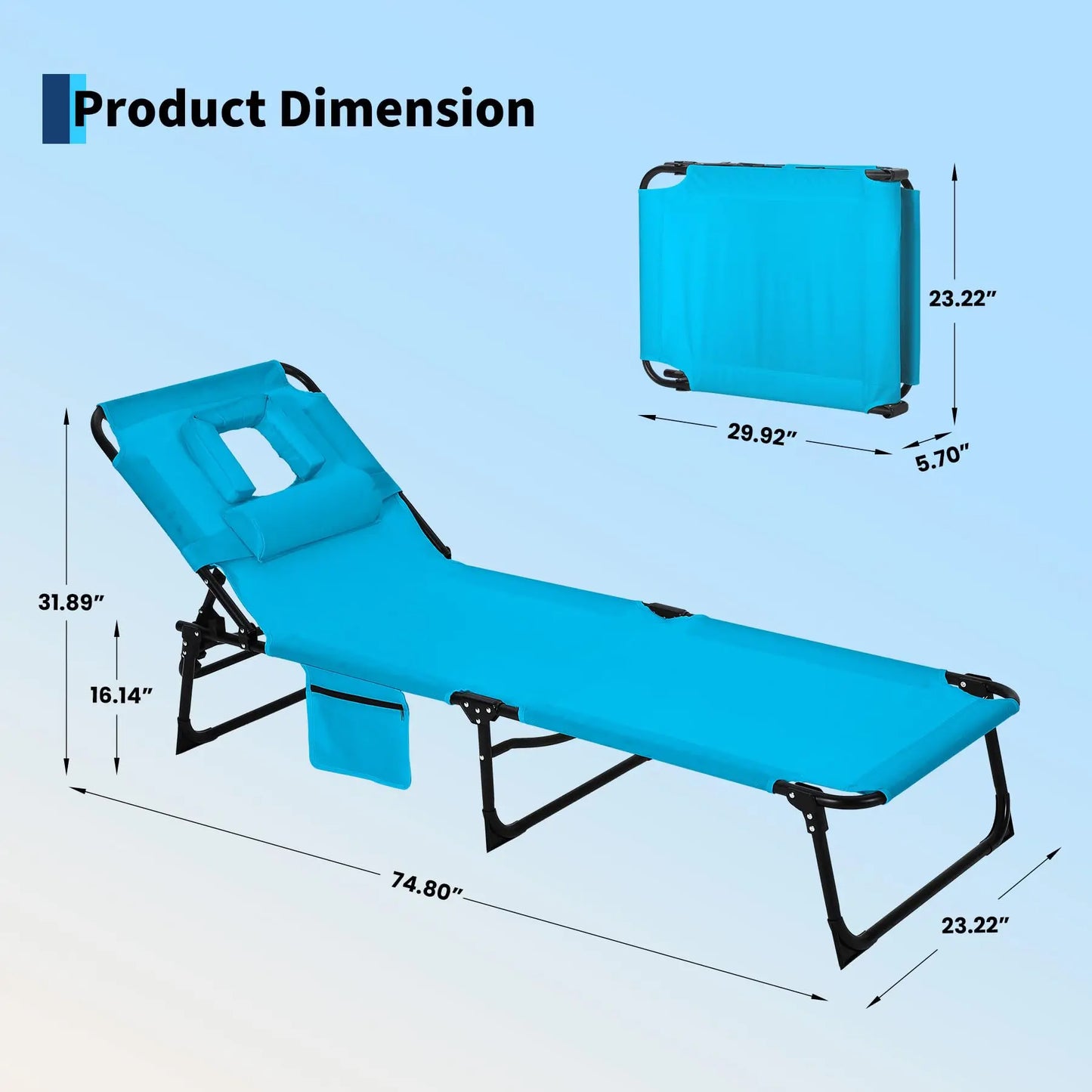 Folding Tanning Chair With Face Hole Portable Face Down Beach Lounge Chair 5-Position Adjustable Outdoor Pool Patio Chaise