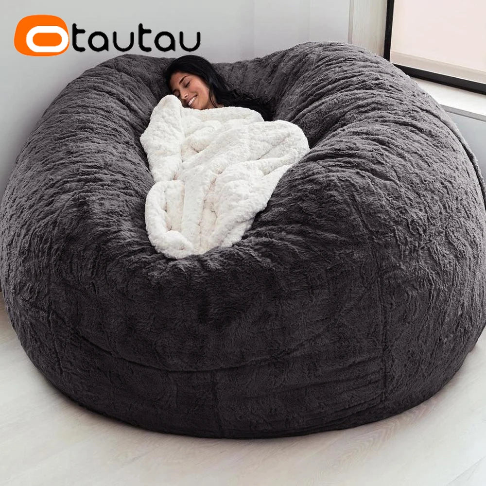 OTAUTAU 5ft Giant Fluffy Faux Bunny Fur Bean Bag Cover Winter Christmas Pouf Cover DD003【No Filler!Need uy Filler By Yourself!】