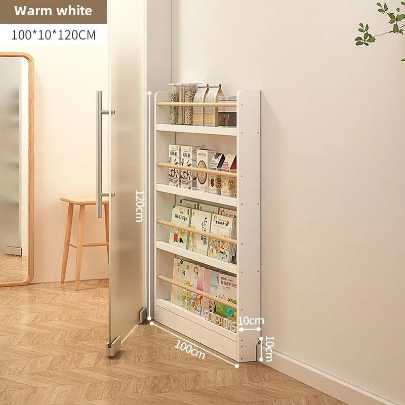Solid wood bookshelf, floor standing wall mounted multi-layer storage rack, household bookshelf, thin bookshelf behind the door