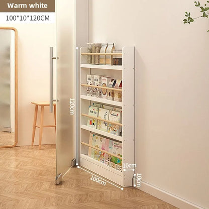 Solid wood bookshelf, floor standing wall mounted multi-layer storage rack, household bookshelf, thin bookshelf behind the door