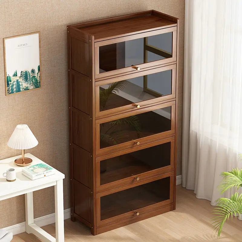 Modern Bamboo Bookshelf Storage Cabinet with Flip Doors 4/5/6 Tier Bookcase for Living Room Bedroom Office