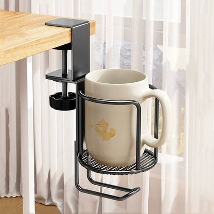 2 in 1 Desk Cup Holder with Headphone Hanger Holder, Anti-Spill Clip-On Table Cup Hook with 360° Rotation for Office Home Table
