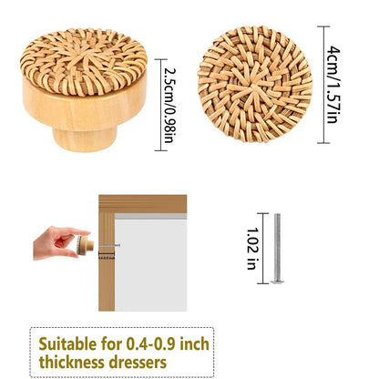 6-24Pcs Rattan Drawer Knobs Boho Rattan Wooden Dresser Knobs Handmade Cabinets Dresser Handles Furniture Wardrobe Door Pulls