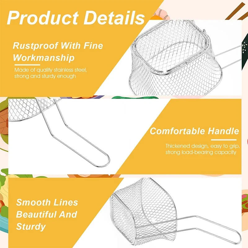 4Pcs Mini Square Fry Basket Stainless Steel French Fries Fry Basket with Handle Deep Food Serving Baskets For Onion Rings Snacks