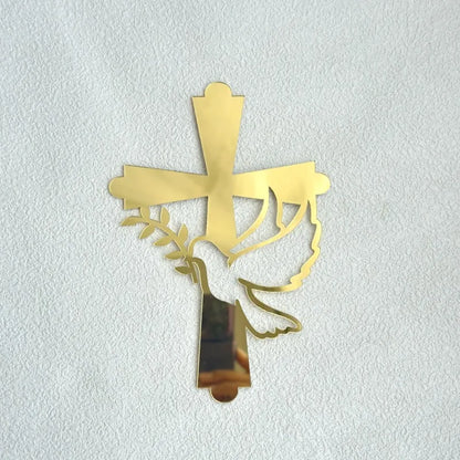 Ins Cross Christ Birthday Cake Topper Gold Acrylic Dove Cross for Eucharist Baby Baptism Party Cake Toppers Dessert Decoration