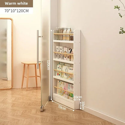 Solid wood bookshelf, floor standing wall mounted multi-layer storage rack, household bookshelf, thin bookshelf behind the door