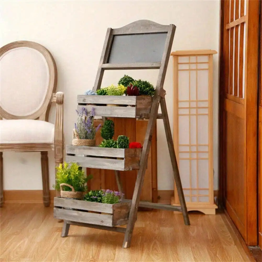 Folding Wood A-Frame Pavement Chalkboard With 3 Tier Ladder Plant Stand Shelf
