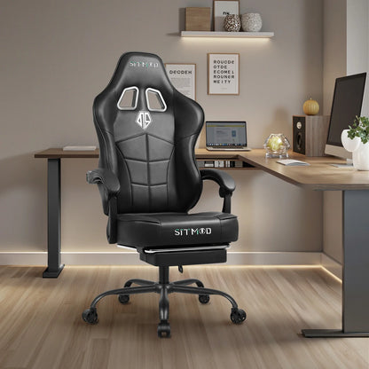 gaming chair with footrest, 400LBS capacity. Adjustable lumbar support, height-reclining. Heavy-duty PU leather, ergonomic