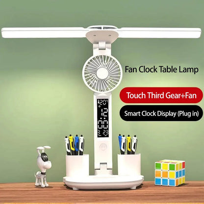 LED Desk Lamp Portable Foldable Fan Lamp Smart Display Clock USB Rechargeable Desk Lamp Eye Protection Study Reading Desk Light