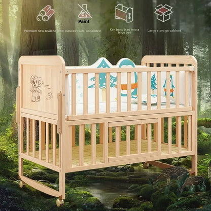 Children Bed Solid Wood Baby Crib Convertible Toddler Bed Portable Bassinet Nontoxic Finish Adjustable Mattress Easy Assembly