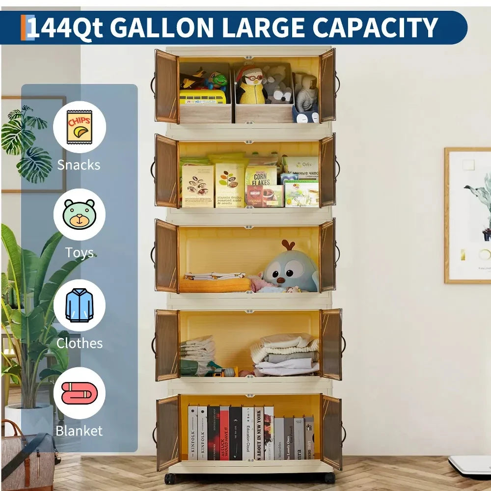 Storage Organiser,5 Tier Stackable Clothes Storage Boxes with Wheels,Folding Drawers for Clothes, Cupboard Organiser for Bedroom