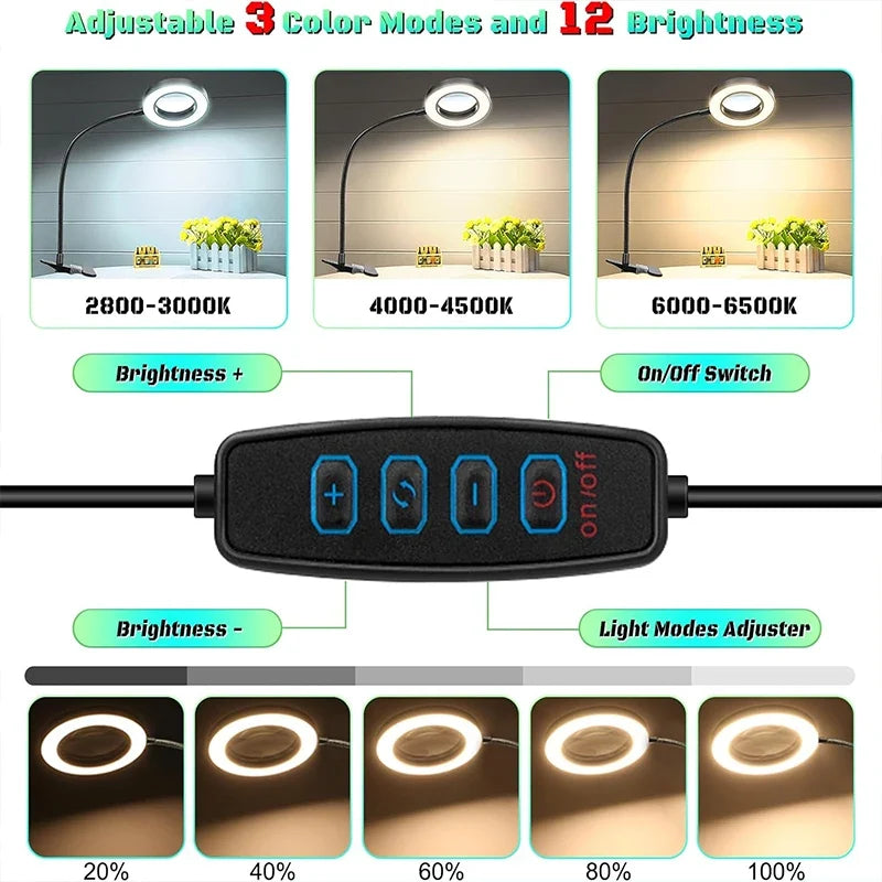 With/Without Magnifier 3 Color Change 10 Brightness Stepless, Flexible Gooseneck Desk Light With Magnifying Glass Or Not Include