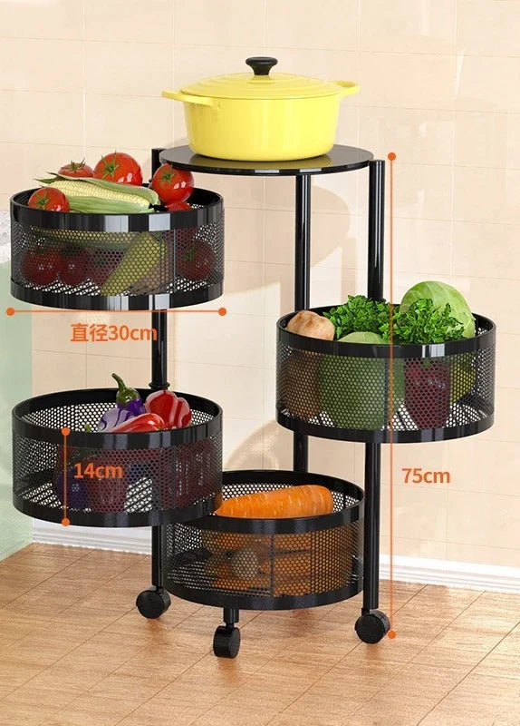 Kitchen Organizer Trolley Cart Rolling Foldable Portable Storage Multi Tier Round Fruit Vegetable Shelf No Assembly Furniture