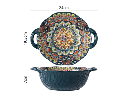 Bohemian Style Ceramic Soup Bowl with Handle Microwave Safe Embossed Design Great for serving soups salads ramen noodles