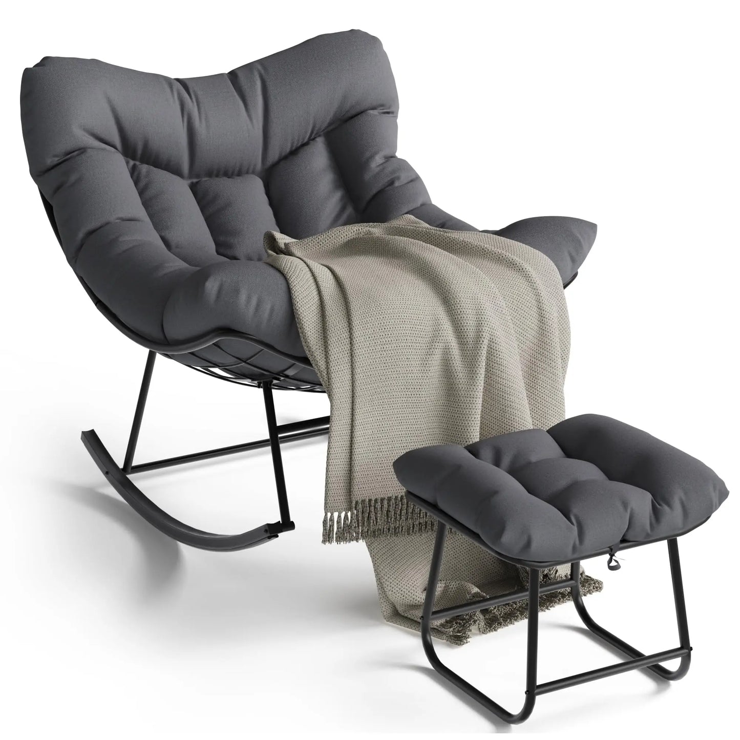 Oversized Papasan Rocking Chair With Ottoman, Outdoor Lounge Egg Rocker For Porch Balcony Backyard, Heavy Duty 450lb Capacity