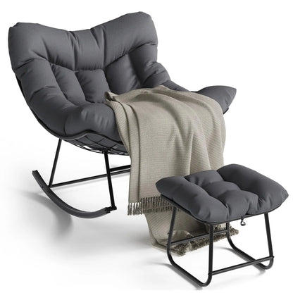 Oversized Papasan Rocking Chair With Ottoman, Outdoor Lounge Egg Rocker For Porch Balcony Backyard, Heavy Duty 450lb Capacity