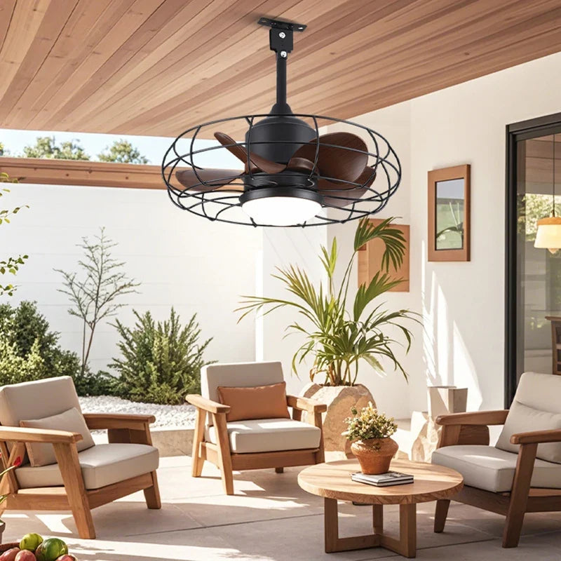 Industrial Style Ceiling Fan with Light and Remote Control Black Round Cage Outdoor Waterproof Fan with Hook for Patios Porch
