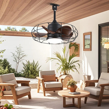Industrial Style Ceiling Fan with Light and Remote Control Black Round Cage Outdoor Waterproof Fan with Hook for Patios Porch