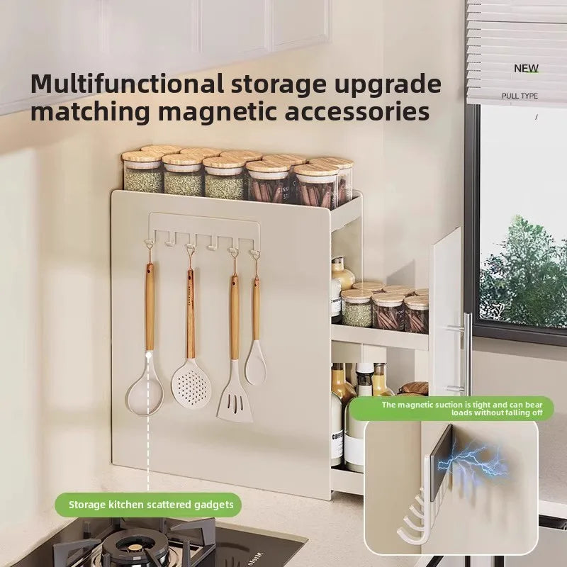 Pull-out multi-functional multi-layer storage seasoning rack, kitchen narrow side countertop storage rack