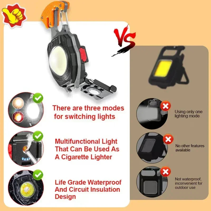 COB Keychain Work Light Flashlights, 7 Lighting Modes, Rechargeable Multi-Function Lights Seat Belt Cutter, Screwdriver, Whistle