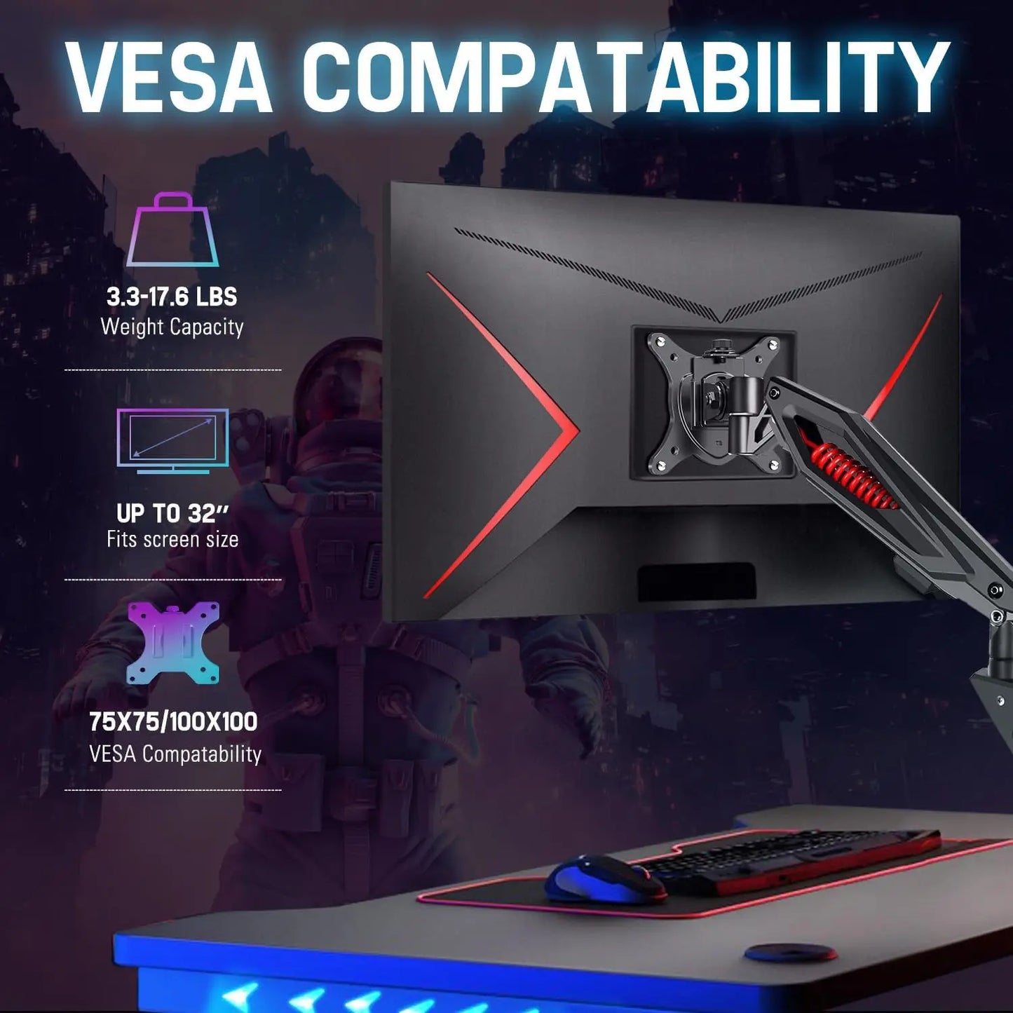 Adjustable Gaming Monitor Arm with Mechanical Spring, C Clamp & Grommet Base for Screens up to 32", VESA Compatible
