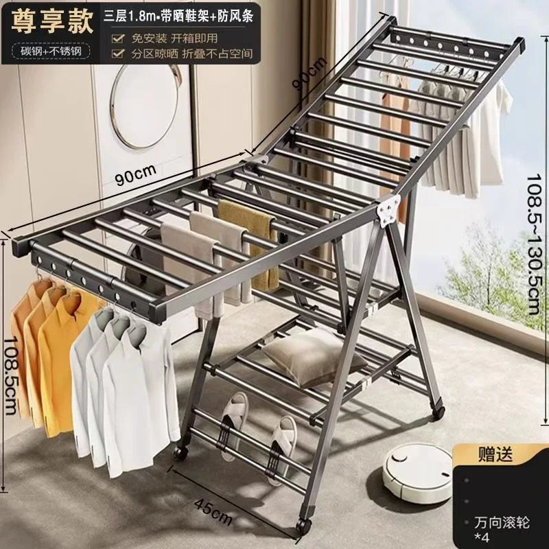 Folding clothes rack home movable balcony bedroom clothes rack clothes rod telescopic clothes rack