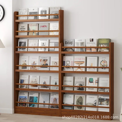 Behind the door, there is a small bookshelf, a multi-layer solid wood ultra-thin bookcase, a newspaper rack, a narrow slit child