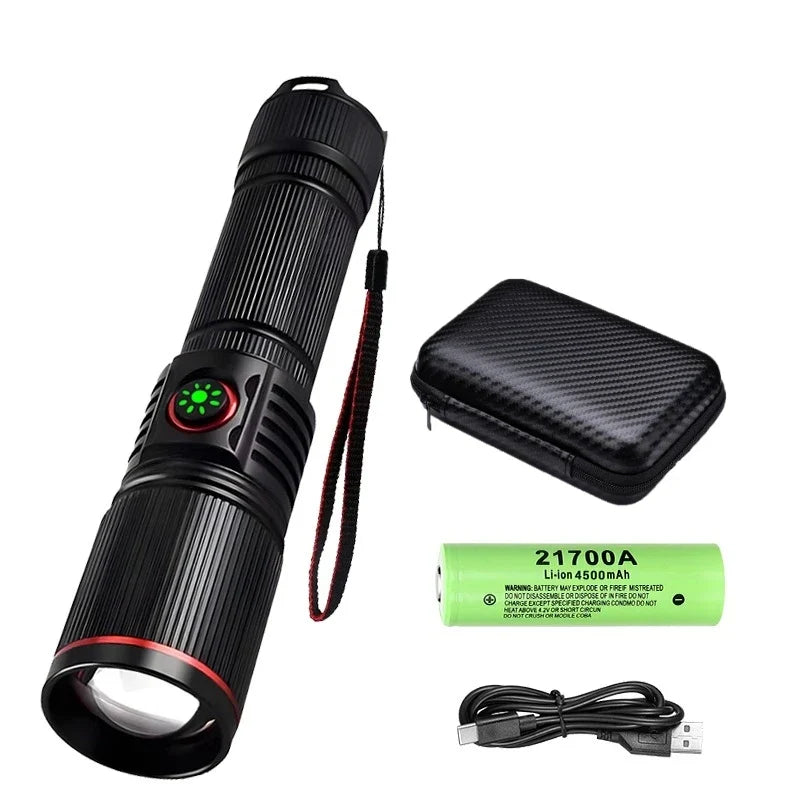 Powerful LED White Laser Flashlight 18650 or 21700 Battery Aluminum Alloy Zoom Torch Light Lamp with Tail Rope Power Indicator