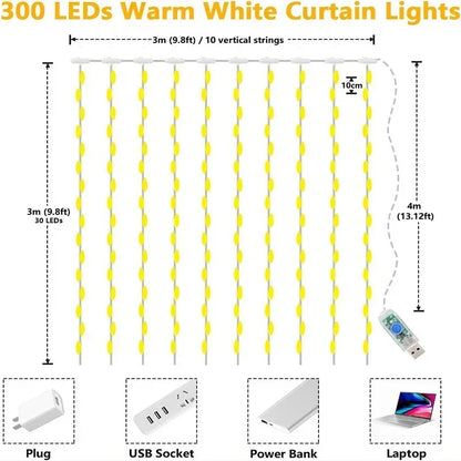 Bright 300 LED Curtain Light, Plug in Fairy Lights for Bedroom, Christmas Hanging String Lamp Outdoor for Window Backdrop Wall