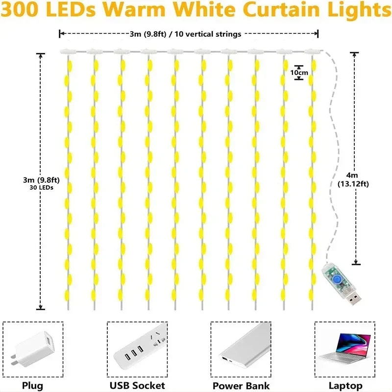 Curtain Garland Led String Lights Festival Christmas Decoration 8 Mode Usb Holiday Light For Bedroom Home Outdoor