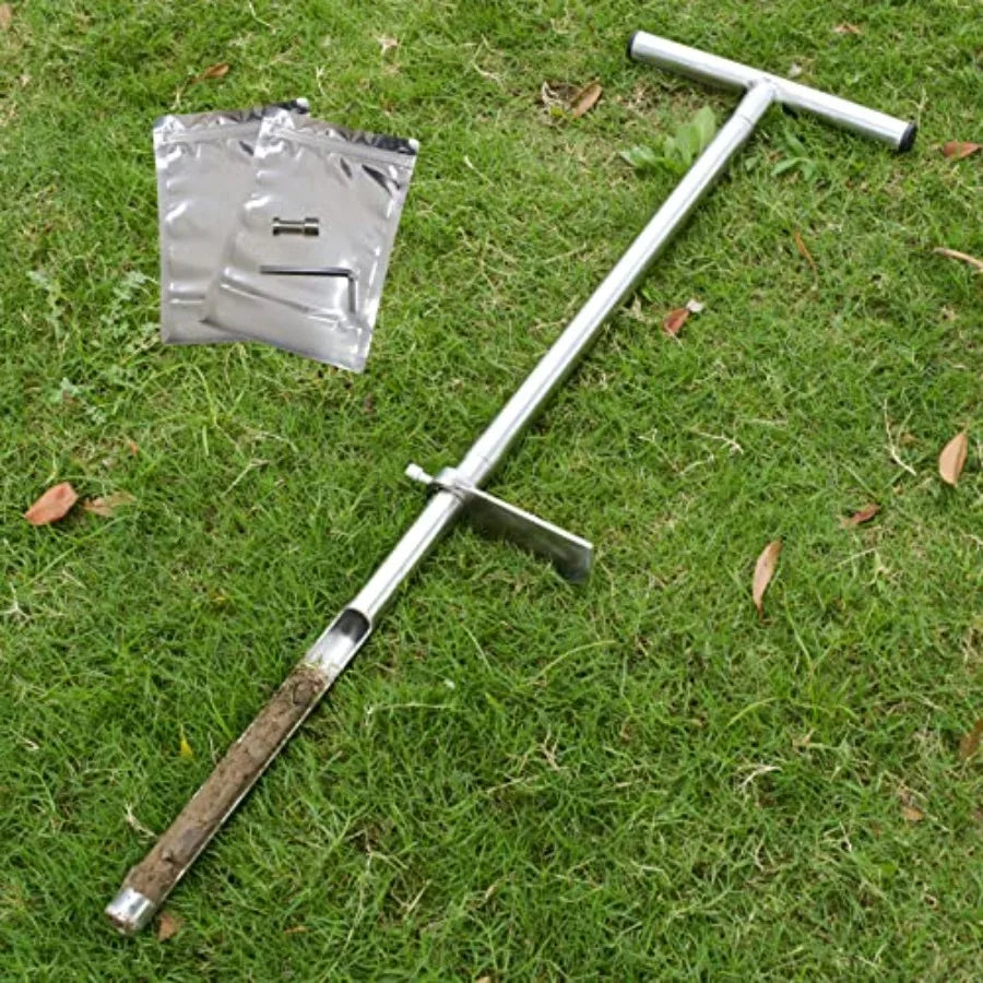 Soil Probe 35 Inch with 2 Bags Straight Soil Sample Probe for Lawn House Plants T-Handle Soil Sampler Probe Rod with Pedal Stai