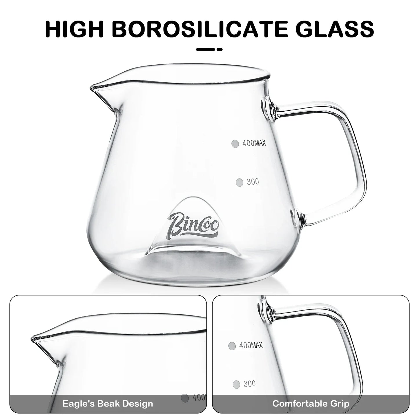 Bincoo 400ML Clear Glass Coffee Carafe Heat Resistant Visual Brewing Control Easy Sharing Pour over Coffee Maker