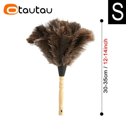 OTAUTAU 100% Real Ostrich Feather Duster Wood Handle Household Car Dust Brush Cleaner House Cleaning Tools DZ004