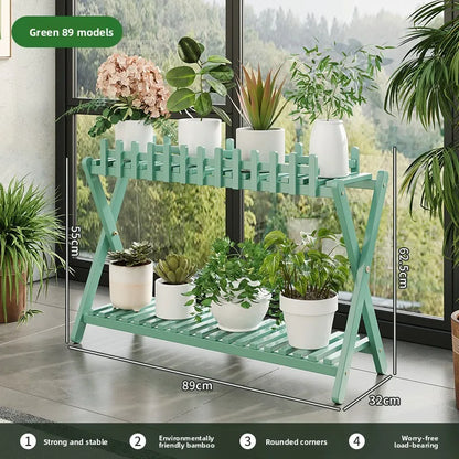 Natural Bamboo Multi Tier Floor Plant Stand Mobile Flower Pot Shelf Indoor Outdoor Balcony Living Room Succulent Display
